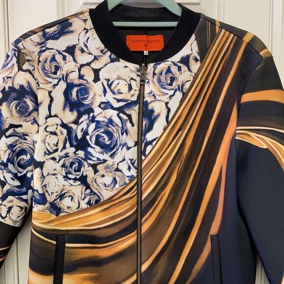 Clover Canyon Neoprene Black Gold Floral Geometric Bomber Jacket Size Small - Picture 3 of 9